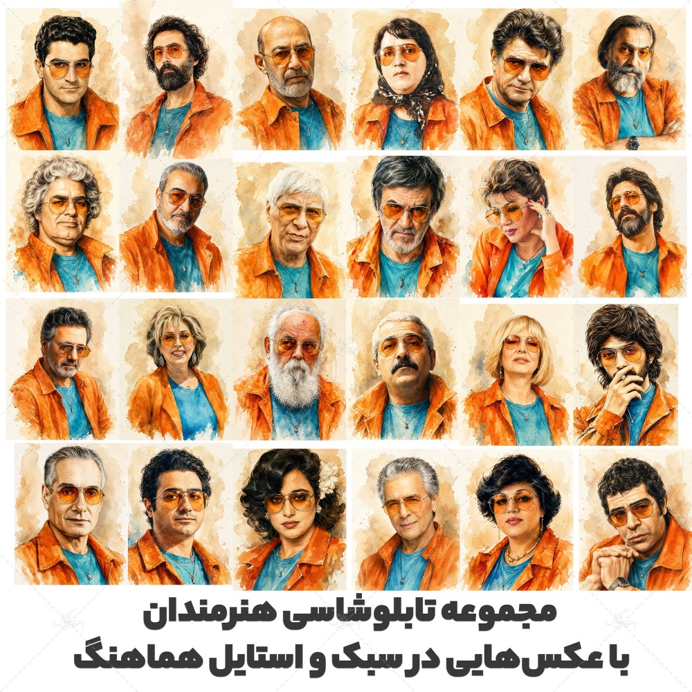 مجموعه تابلو شاسی از هنرمندان ایرانی به سبک نقاشی آبرنگ با رنگ نارنجی و آبی